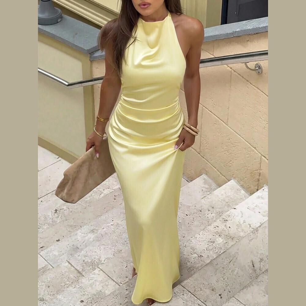 Pale Yellow Satin Halter Neck Ruched Waist Slim Fit Maxi Dress